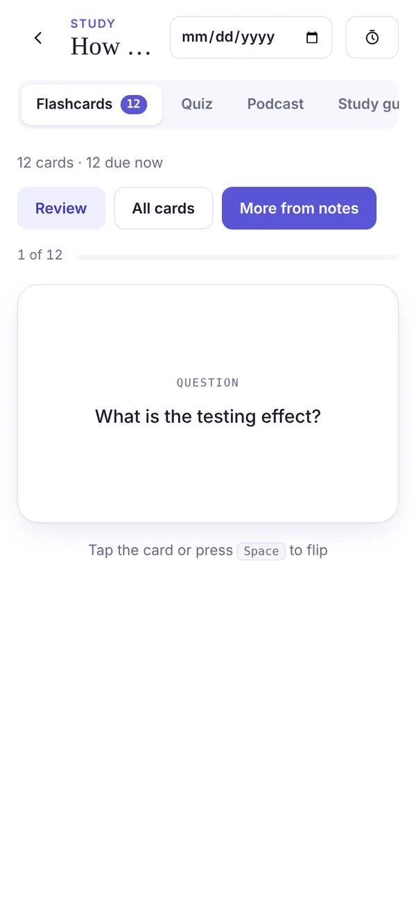 Flashcards made from a student's notes in Noti on a phone